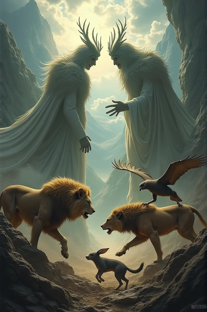 Animals eating each other and two gods talking 