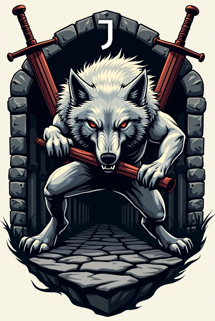 I want to create a logo , of a wolf breaking a wooden baseball bat with its mouth, in the back the path of swords , and behind a stone wall with the J of the Juventus football team