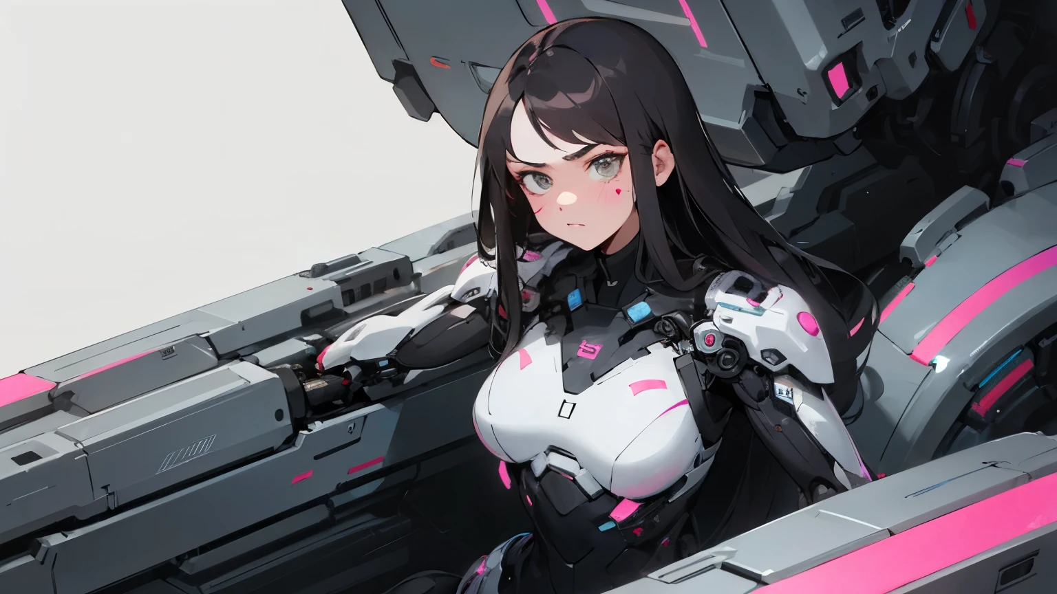A young woman with long and dark hair and bangs that fall over her forehead. She wears a fitted futuristic suit in white, pink, and black tones with technological details, including a Big chest. Her expression is serious and determined, and she has pink facial marks on her cheeks. She is in a front-facing half-body position, leaning against mechanical-looking machinery. The artistic style is a drawing with thick lines and saturated colors, with a touch of cyberpunk.
