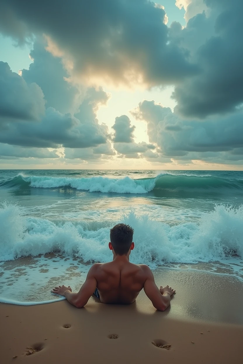 a man lying on a beach, crashing ocean waves, dramatic cloudy sky, vibrant colors, cinematic lighting, ultra-realistic, 8k, photorealistic, highly detailed, masterpiece