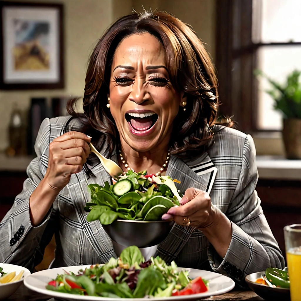 a drunken Kamala Harris crying and screaming with a temper tantrum, detailed facial features, expressive eyes, detailed clothing, dynamic pose, realistic lighting,photorealistic, 4k, highly detailed, one side, Donald ????? eating a salad with a big happy grin on his face, detailed facial features, photorealistic, 4k, highly detailed, opposite side,dramatic contrast,cinematic composition