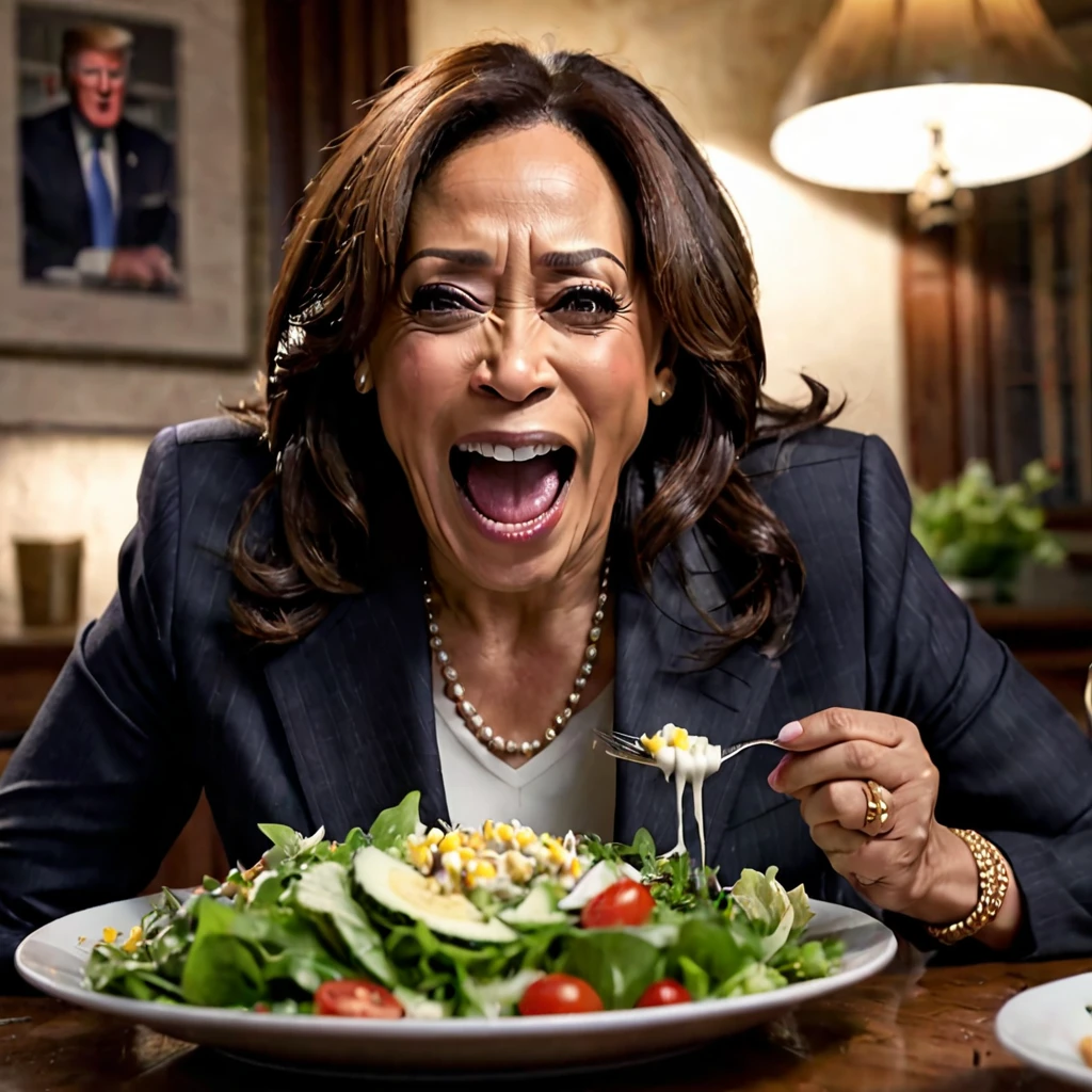 a drunken Kamala Harris crying and screaming with a temper tantrum, detailed facial features, expressive eyes, detailed clothing, dynamic pose, realistic lighting,photorealistic, 4k, highly detailed, one side, Donald Trump eating a salad with a big happy grin on his face, detailed facial features, photorealistic, 4k, highly detailed, opposite side,dramatic contrast,cinematic composition