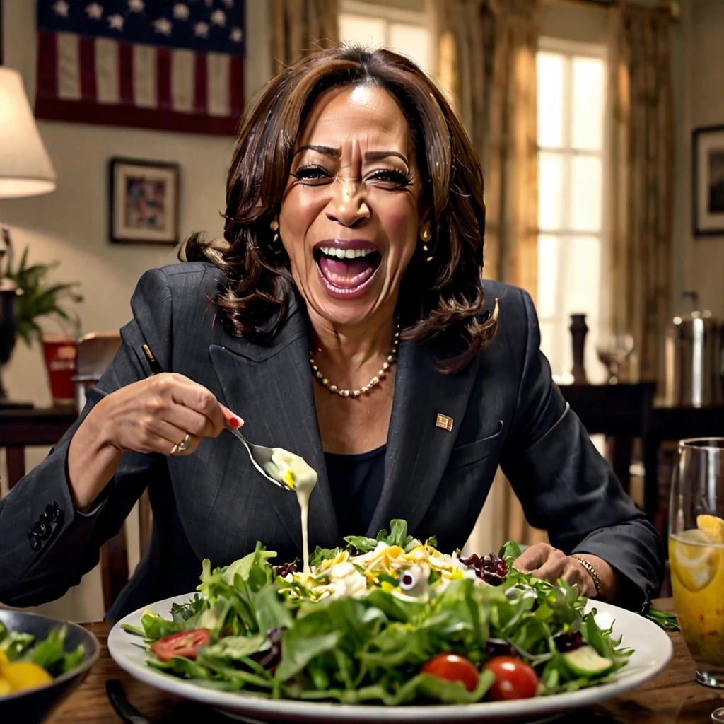 a drunken Kamala Harris crying and screaming with a temper tantrum, detailed facial features, expressive eyes, detailed clothing, dynamic pose, realistic lighting,photorealistic, 4k, highly detailed, one side, Donald Trump eating a salad with a big happy grin on his face, detailed facial features, photorealistic, 4k, highly detailed, opposite side,dramatic contrast,cinematic composition