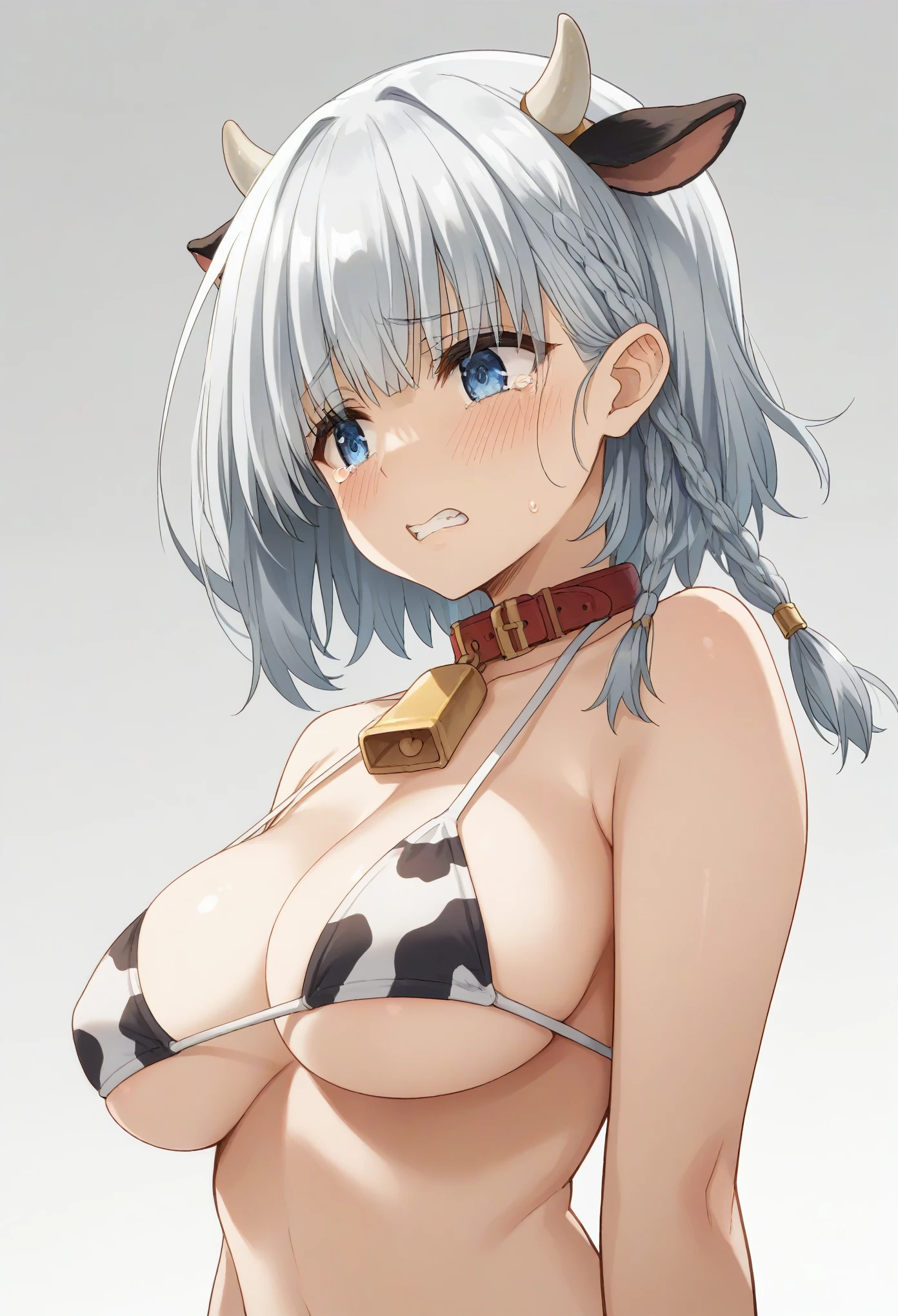 1girl,solo,beta, short hair, blue eyes, braid, grey hair,large ,((cow girl bikini,collar,cow bell,cow band horns)),((plain white background)),blush,embarassment,blush over whole face,cry,holding back cry,tears,looking away,cleanched teeth,looking down
