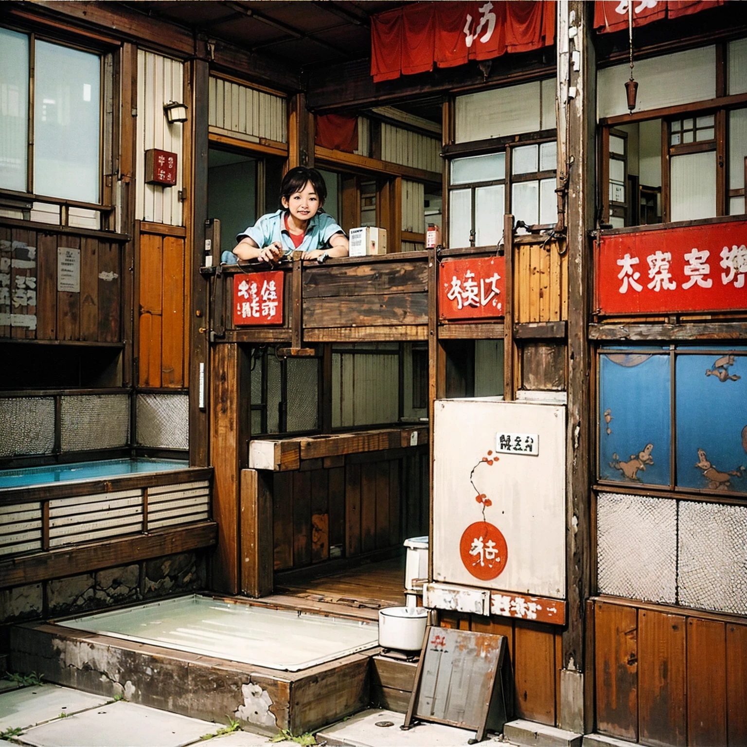 
((masterpiece、Highest quality))、Poor conditions、Japan 1980s、Dirty and old public bath、Old-fashioned drink display case, 、Naked mother and daughter、Rusted corrugated iron, Unhygienic restaurant