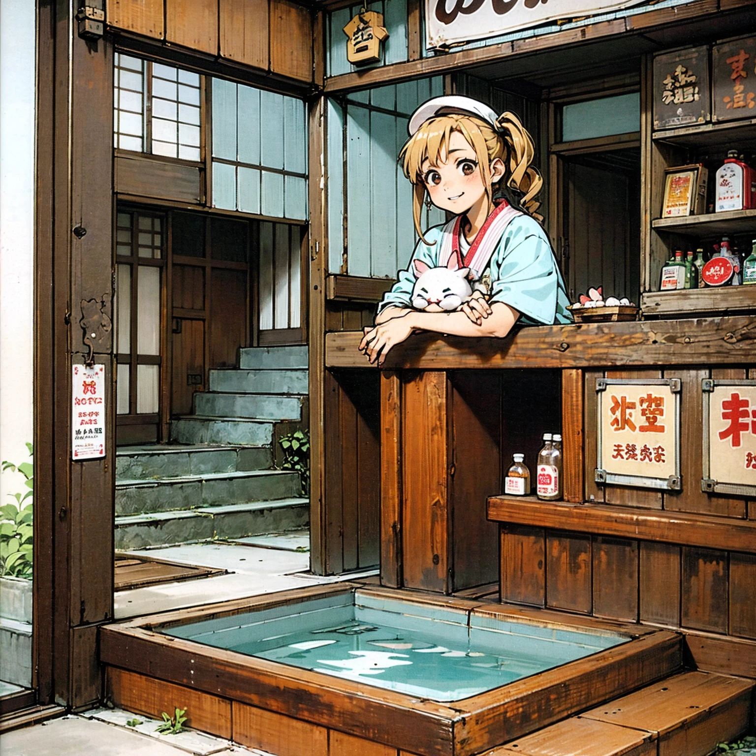 ((masterpiece、Highest quality))、Poor conditions、Japan 1980s、Dirty and old public bath、Old-fashioned drink display case, 、Naked mother and daughter、Rusted corrugated iron, Unhygienic restaurant