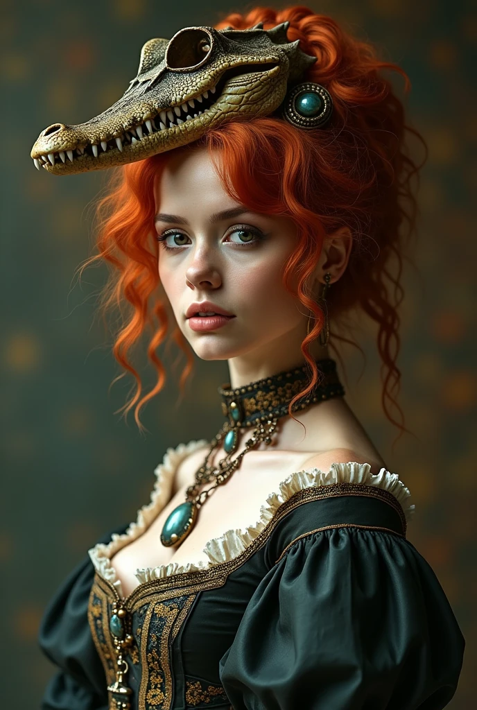 8k, fancy, realisitic, woman with frizzy hair, alligator skull worn on the head, old dress, Red hair, alligator jaw necklace around the neck