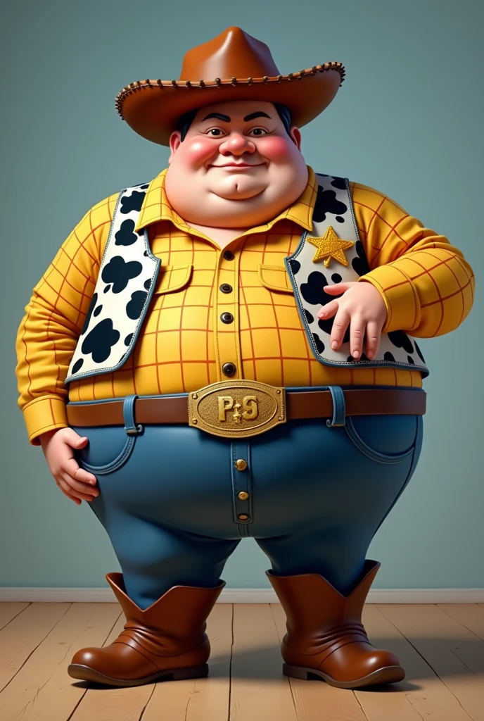 Woody from Toy Story in the style of Botero, exaggerated, very fat, too fat, extremely