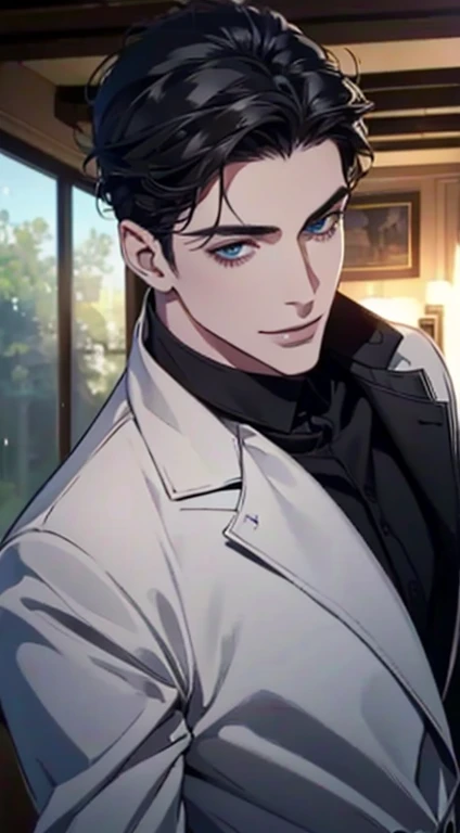 a mature man with short grey Black hair, blue eyes, 31 years, and a perfect face, smiling in love, CEO, cinematic lighting, 1:4 HDR image, top view, ultra detailed, best quality, masterpiece, 8K, photorealistic, beautiful image