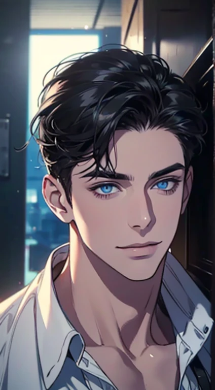 a mature man with short grey Black hair, blue eyes, 31 years, and a perfect face, smiling in love, CEO, cinematic lighting, 1:4 HDR image, top view, ultra detailed, best quality, masterpiece, 8K, photorealistic, beautiful image
