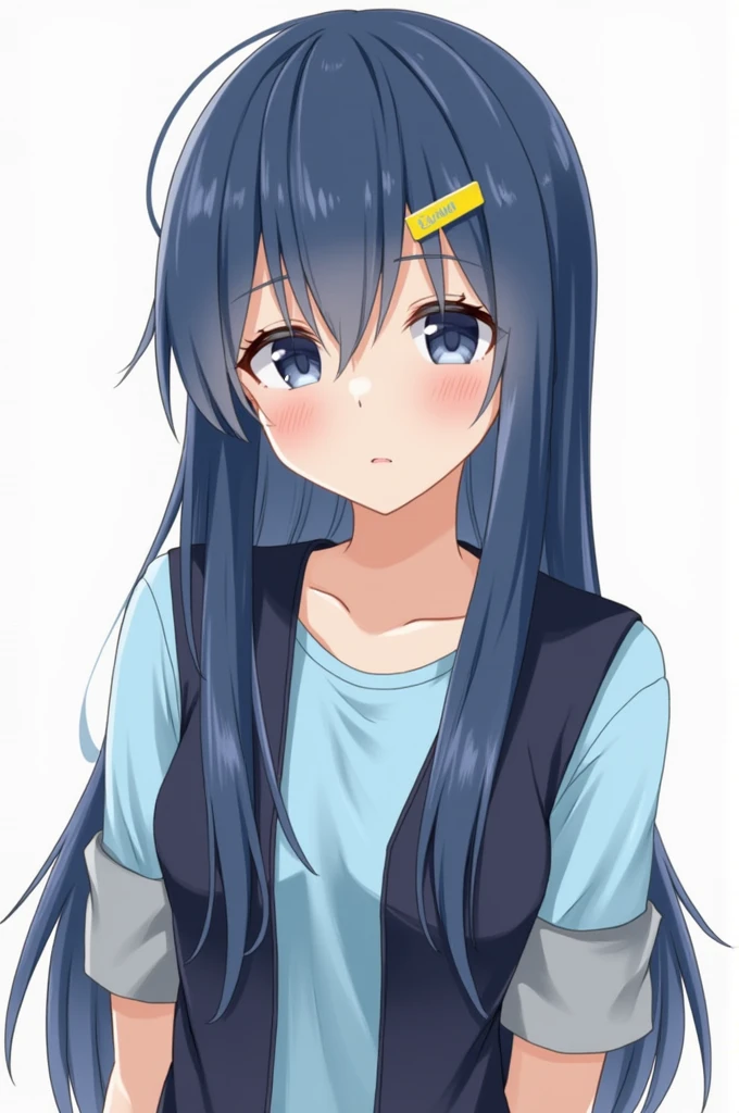 Dark blue hair with a yellow clip, Long hair, clear skin, blue eyes, a light blue t-shirt, Navy blue grey rolled up sleeved vest, short gris