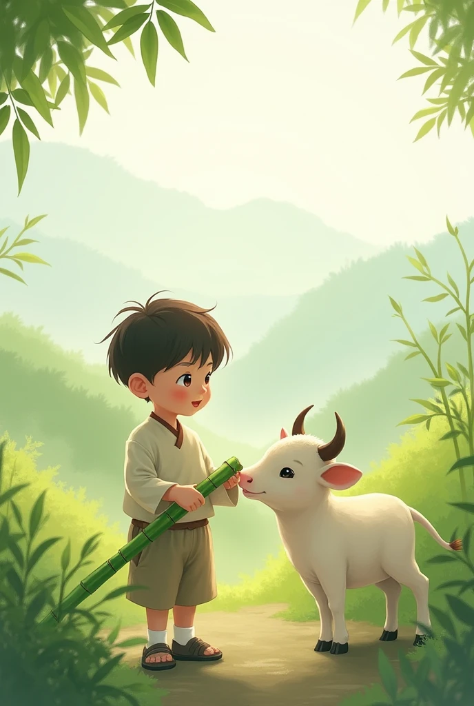 There is a calf with a child with a  and hold Bamboo in his hand 

