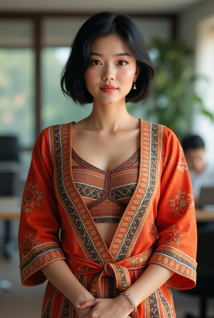 (photorealism:1.2), South East Asian lady,age 40,short black hair,thick lips,height about 160cm,chubby body,fair skin,indoor office,standing up,wearing Burmese traditional clothing top,fit camisole top.