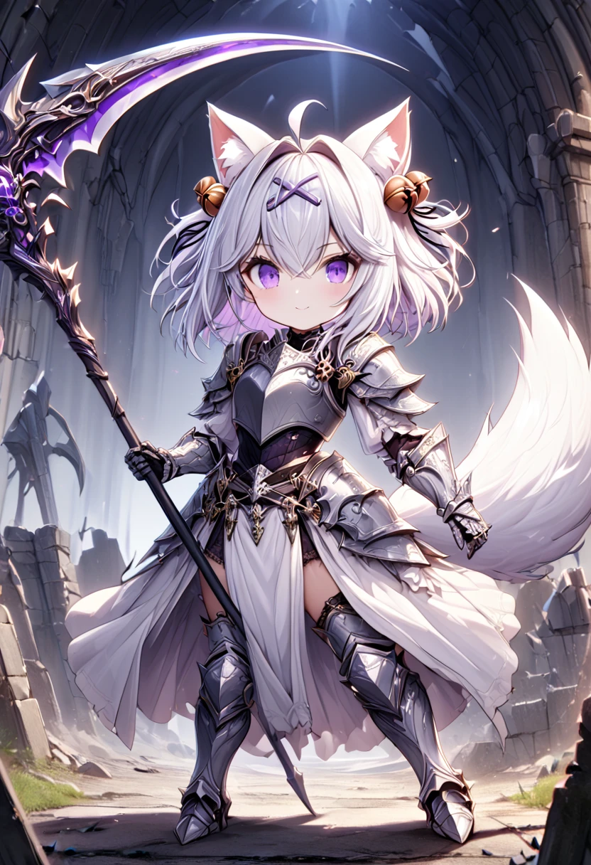 master piece, best quality, ultra-detailed, illustration, 1girl, solo, chibi, (big head), cute pose, front view, looking at viewer, ((full body Close up)), filian, filianoverall, Filiansailor, ((white hair)) , short hair, shoulder length hair, fly-away hair, bangs, hairclip, purple hair ornament, cat ears, (hair bell:1.3) ahoge, purple eyes, closed mouth, smiling, (white fox tail), (knight outfit), knight's armor, metal breastplate, armored gloves, wielding scythe , GLOWING WEAPON , metal greaves, armored boots, battlefield, gloomy atmosphere, broken castle, broken walls, ruins