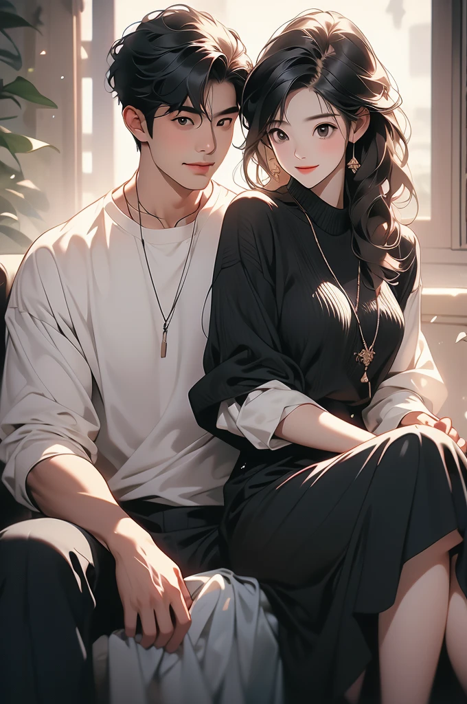 an asian man and woman in black sweater and white top are sitting down, 1boy, realistic, black hair, 1girl, smile