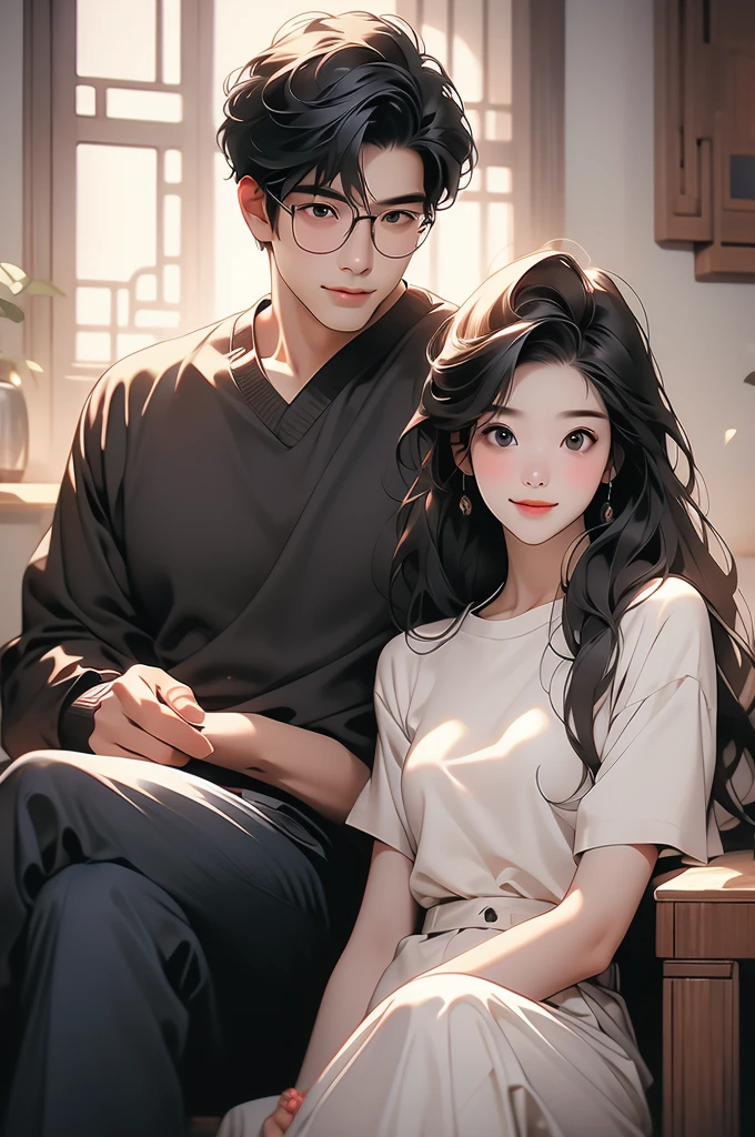 an asian man and woman in black sweater and white top are sitting down, 1boy, realistic, black hair, 1girl, smile