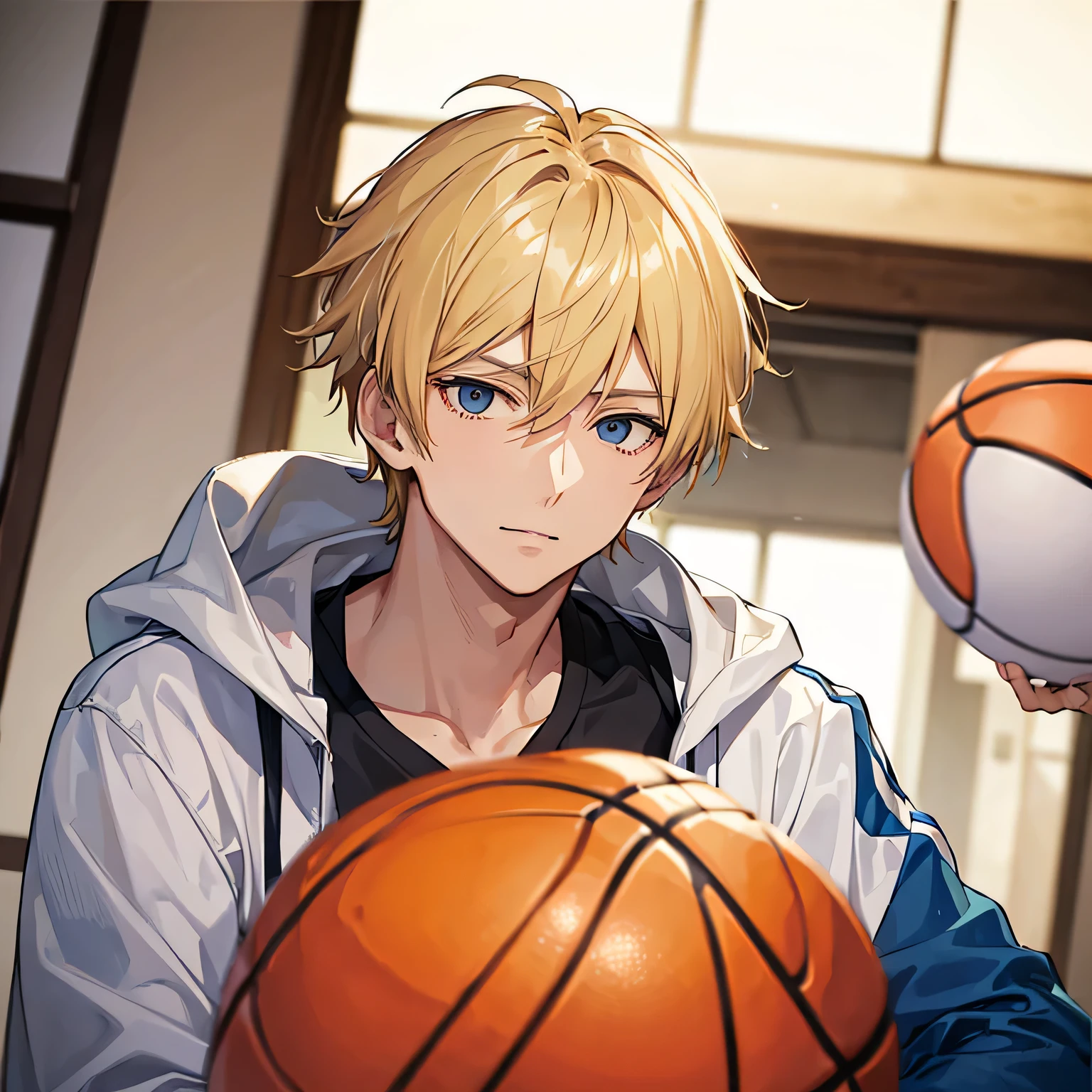 ((best qualityer)), ((work of art)), (detailded), Anime character with a basketball in hand, Kise Ryota, hair blonde