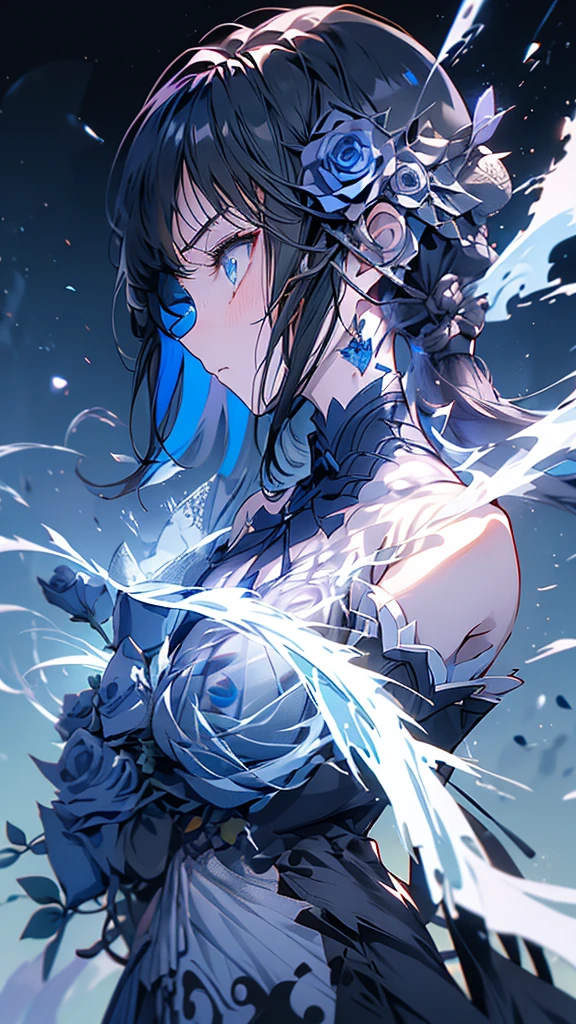 masterpiece、20 year old 1 girl、Black Hair、Long Hair、Blue eyes、Angry Face、Black suit、(((Blue Rose)))、Rose Background、Upper Body、((focus on her face)), profile