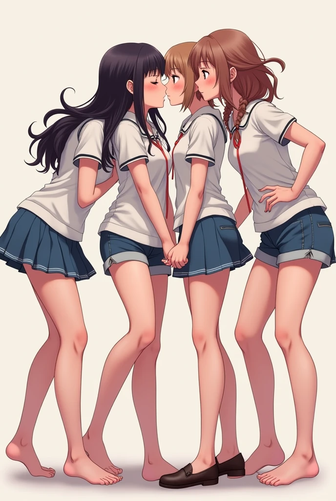 2 girls , bed,(Yukinoshita Yukino) , (Iroha issiki , brown hair) ,kiss , Drool, check skirt, the skirt is rolled up, white panties ,light blue panties, sex
