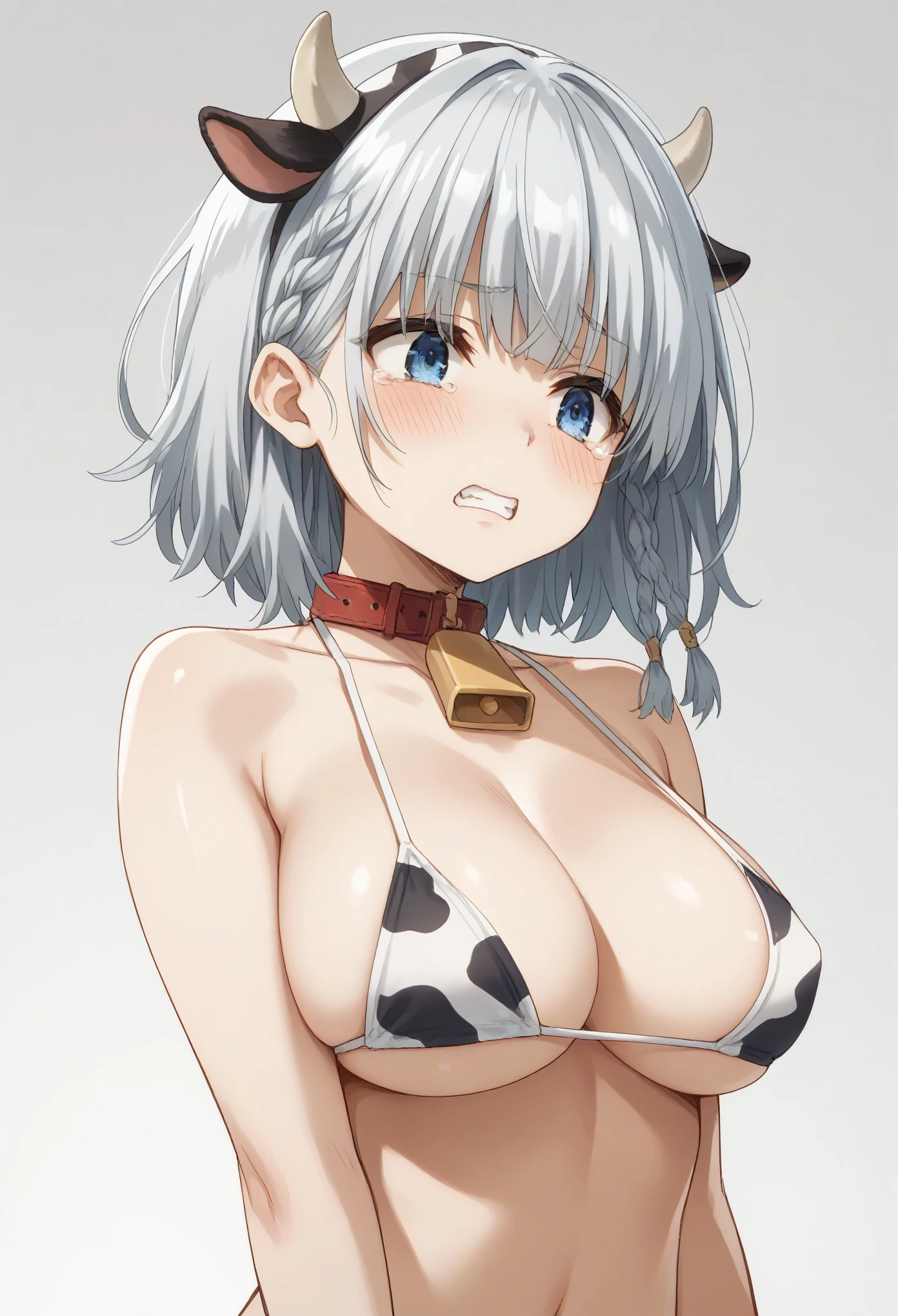 1girl,solo,beta, short hair, blue eyes, braid, grey hair,large breast,((cow girl bikini,collar,cow bell,cow band horns)),((plain white background)),blush,embarassment,blush over whole face,cry,holding back cry,tears,looking away,cleanched teeth,looking down
