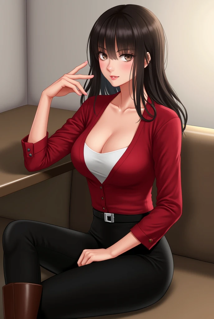 1girl, 34yo sofia takigawa_jav, breasts, eyelashes, looking at viewer, cowboy shot, sitting, crossing legs, dynamite lighting, attractive body, wearing office attire, red blouse, white singlet, belt, black pants, brown knee heel boots
(ulzzang-6500:0.0), (ultimate quality, masterpiece, highres:1.0), (photorealistic, realistic:1.9), nice hands,