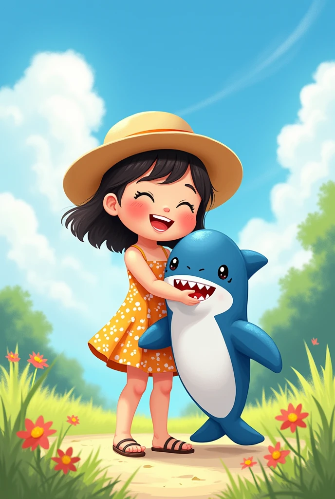 Cute girl with a stuffed shark illustration (summer version)