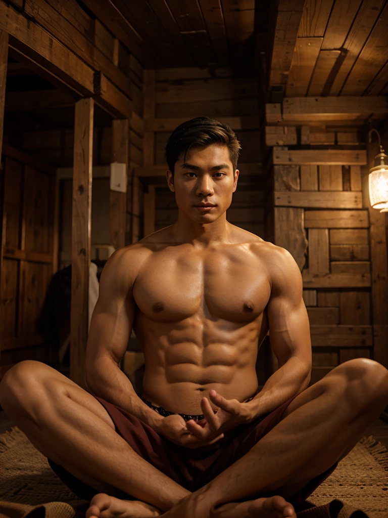 A handsome bodhisattva, a handsome Asian man of 25 years old, muscular man, dressed in monk's clothing, meditating on the mountaintop