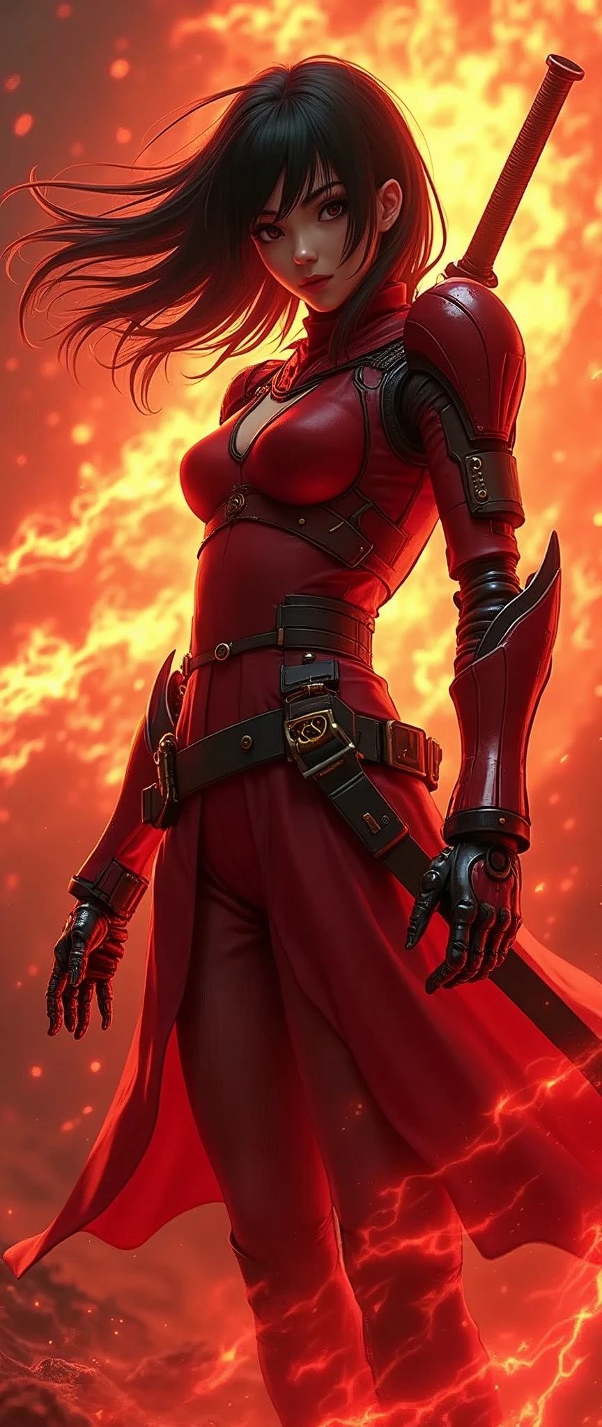 (masterpiece:1.2, Highest quality,High resolution,Super detailed),8k,wallpaper,(Very detailed),(Armored Core Style),Woman in ninja robot armor,Black Hair,Random Hairstyles,(Flame Ninja),(Red body),(Detailed face:1.3),(Detailed body:1.3),(Cowboy Shot:1.6),(The background is a red battlefield with a translucent frog composed of summoned flames.:2.0),Hair blowing in the wind,cyber punk,(dynamic),(Preparing for battle,Summoning Ninjutsu:2.0,The electronic parts of the armor glow.:1.6),(Detailed hands:1.6),(Flashy special move effects:2.0)