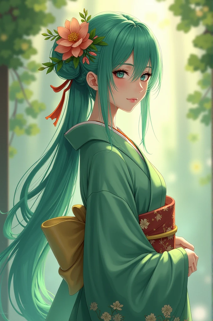 Green hair, beautiful woman, long hair, kimono, flower decoration on head