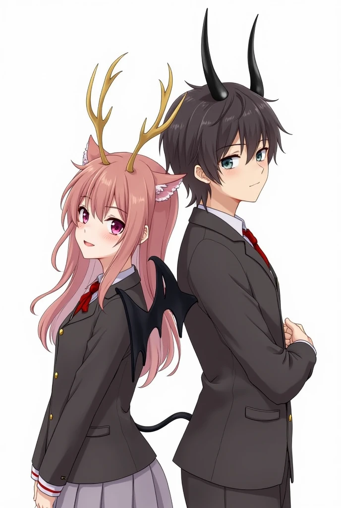 1 girl, 1 young boy, antlers, schoolar uniform, pointy ears, wings, aretes, seraphim, jewerly, white background, trunk, Eyes red, demon wings, demon antlers, demon boy, simple background, back to back, pink eyes, parted lips, black seraphim, chestnut hair, Demon girl, Bblack hair, looking ahead at viewer, long hair, gakuran