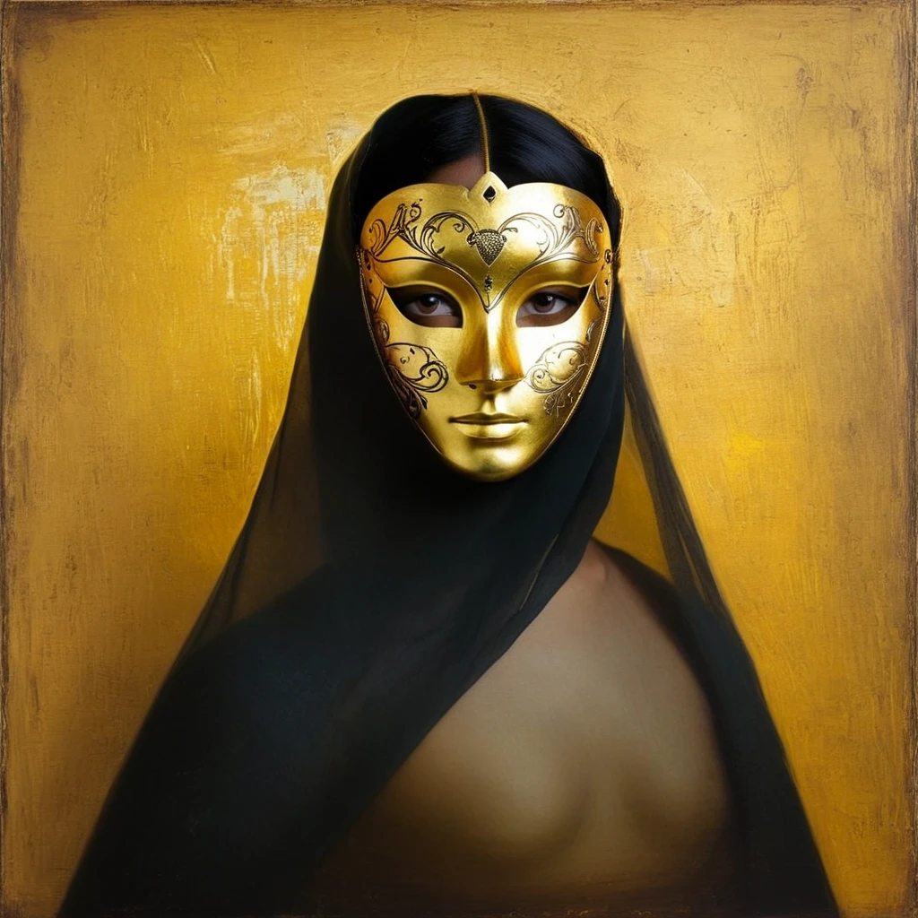 Portrait of a young black-haired woman, bird mask and a golden aura, very similar to Venetian painting.