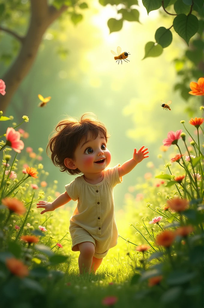 He played with leaves that whispered low,
Under the sun’s warm, gentle glow.
The birds would sing, the bees would hum,
In his green garden, full of fun.