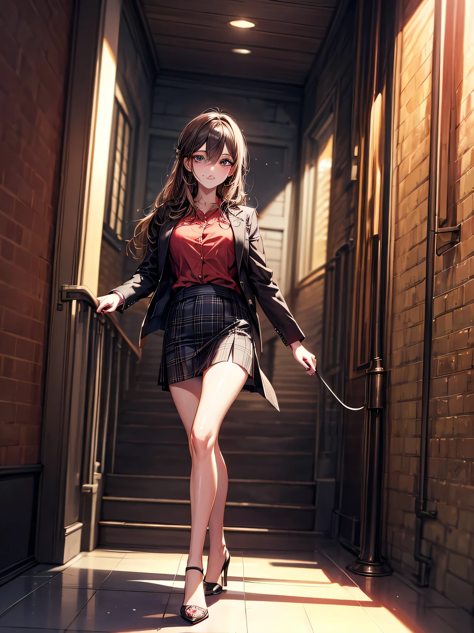 (Biologically correct limb count),Full body, including face,4K,Focus on the masterpiece face,Well-proportioned facial features,Delicate descriptive eyes,(One beautiful woman),(Red Shirt,Black jacket,black plaid skirt),(Grin),looking at the camera,Ashio Copper Mine,walking,Walking down the stairs,((High heels))