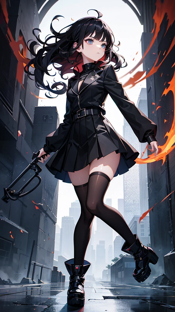 An anime girl who has fire in front of her face that forms a silhouette of the front of a skull, that he wears a black jacket, short black skirt, over the knee socks, High platform boots and dark accessories, guates rokeros, that has curly hair.