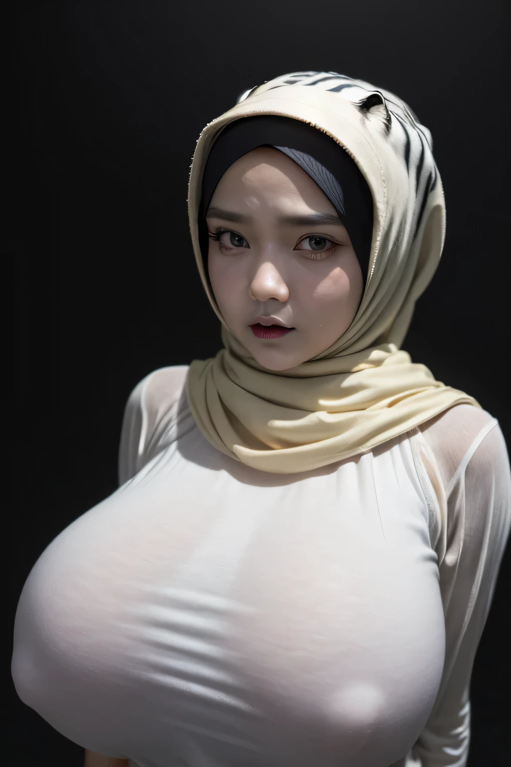 ((GOTHIC GOTH GIRL BLACK LIPS)), Jumbo (Singlet), Chubby adorable, 1 girl, (face to face), , baby face, angry face expression, half body portrait, (face details: 1), (eye details: 1), ((big breasts)). wearing transparent transparency soft long shirt, hijab, .. Cute posed. proportional body. Ultra High Res. realistic: 1.4, UHD, ((white tiger pattern)), ((Bigger:2.6)), (((DARK BACKGROUND)))