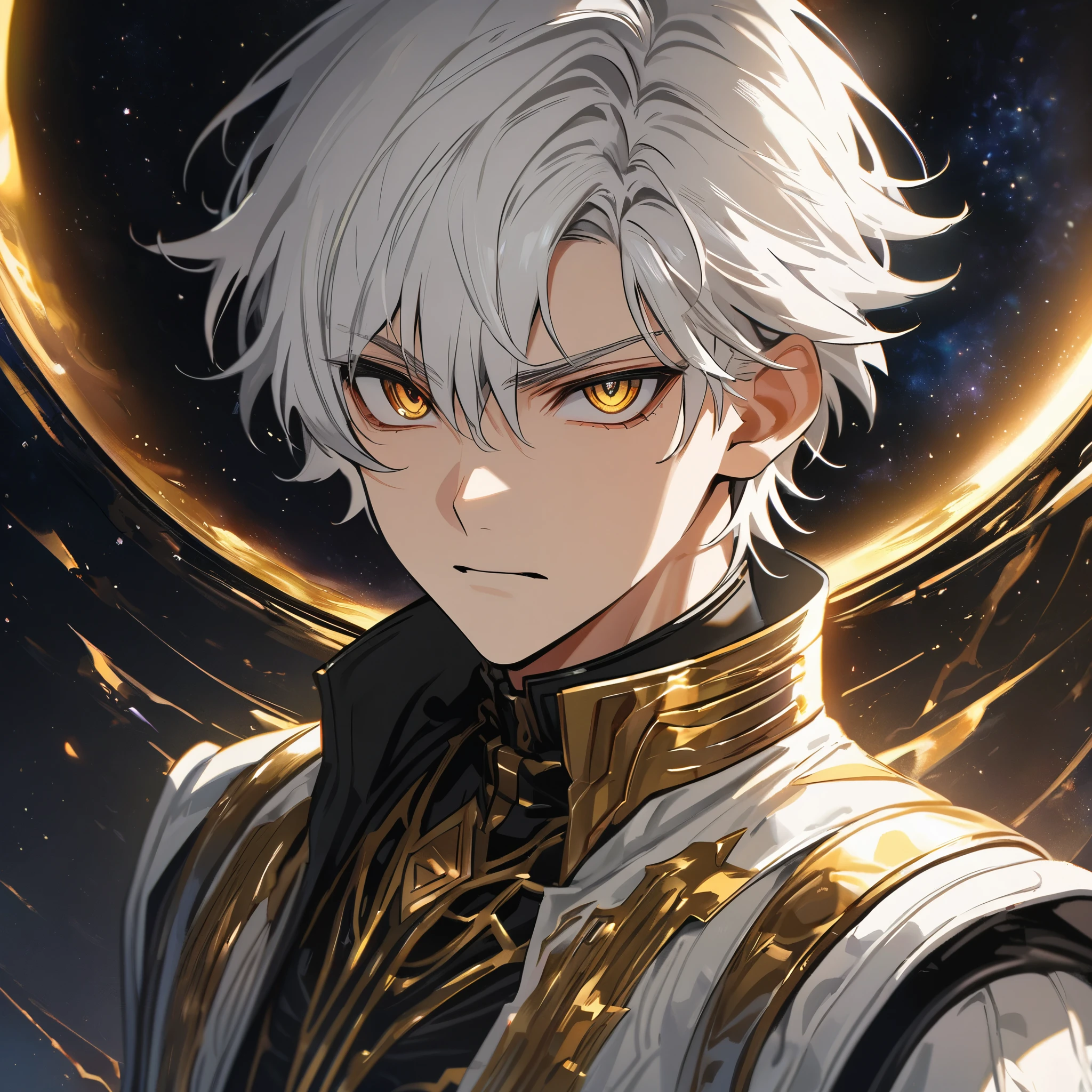 High quality, HD, 4k, no shadows, handsome male, 1male, , teenager, shwhite hair, silver hair, white hair, sharp eyes, dark golden colored eyes, deep golden eyes, dark gold eyes, gold eyes, devil may cry, close up, calm expression, stoic expression, black leather clothes, white leather clothing, lean body, well trained body, looking at viewer, cowboy shot, white solar, space background
