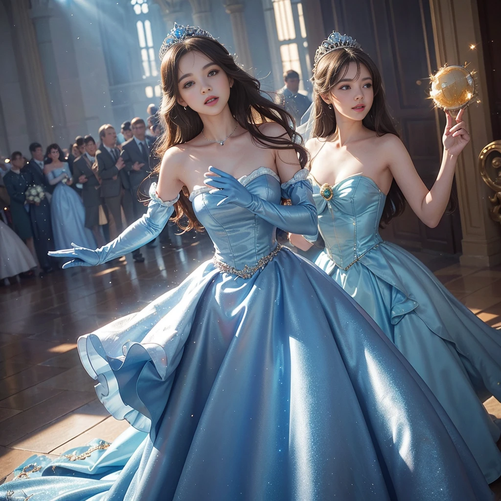 best quality, masterpiece, 1 girl, Very pretty, Disney's Cinderella, long hair, A huge laugh, cute , shiny lips, sweet, sun glare, Conservative attire, Blue dress, Blue gloves, Bridal Tiara, depth of field, blurred background, Ballroom background, light particles, strong wind, head tilt