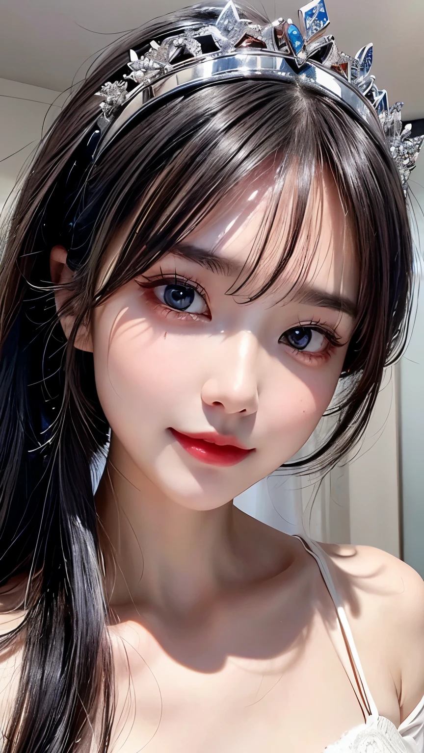 (Highest quality, masterpiece:1.2), High resolution, The highest masterpiece、Very detailed, Realistic:1.37, Fantasy, An illustration,Gray Hair、 Red eyes、Queen, Navy and blue dress、beautifully、Eyeshadow Red、Thick eyebrows、Long eyelashes、pupils are black、shiny on the lips、Top Sites、Queen、PRİNCESS、A kind smile、Soft impression、Be loved by people、Slimming the face、Shoulder Bare、ponytail、Kissing Face、Long white hair、Shaggy Bangs、(Save face image).Cinderella Castle、(alone).((Close your eyes and kiss)).((独奏)).