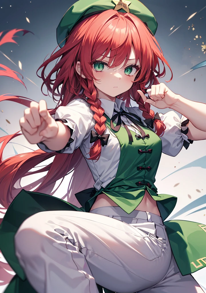 1girl, hong meiling (Touhou), green eyes, long hair, red hair, twin braids, chinese clothes, green headwear, beret, white shirt, green vest, green skirt, green dress, collared dress, puffy short sleeves, frilled sleeves, black ribbon, neck ribbon, white pants, star (symbol), black bow, hair bow,((Touhou Project)),(((Gatekeeper of the Scarlet Devil Mansion))),(((Wearing fighting spirit))),(((Awakened Aura))),((Fantastic eyes)),((Grim expression)),(((Tai Chi Stance)))