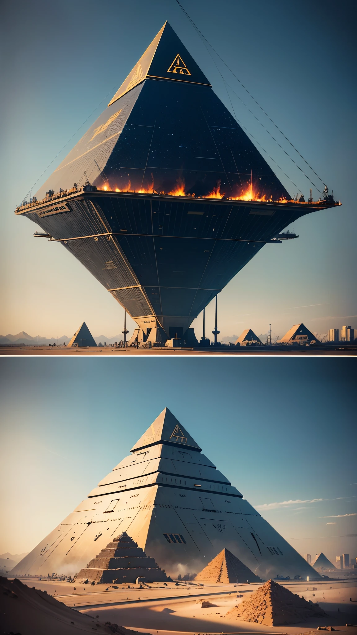 Lucid dreaming?, apocalyptic, wave after wave of military style open belly transport helicopters, each helicopter is carrying a very large metallic pyramid roughly 33% of the helicopters size, each of these pyramids is suspended by three massive semi flexible steel cables, these cables lead to three round steel rings the test to the undercarriage of the helicopters
