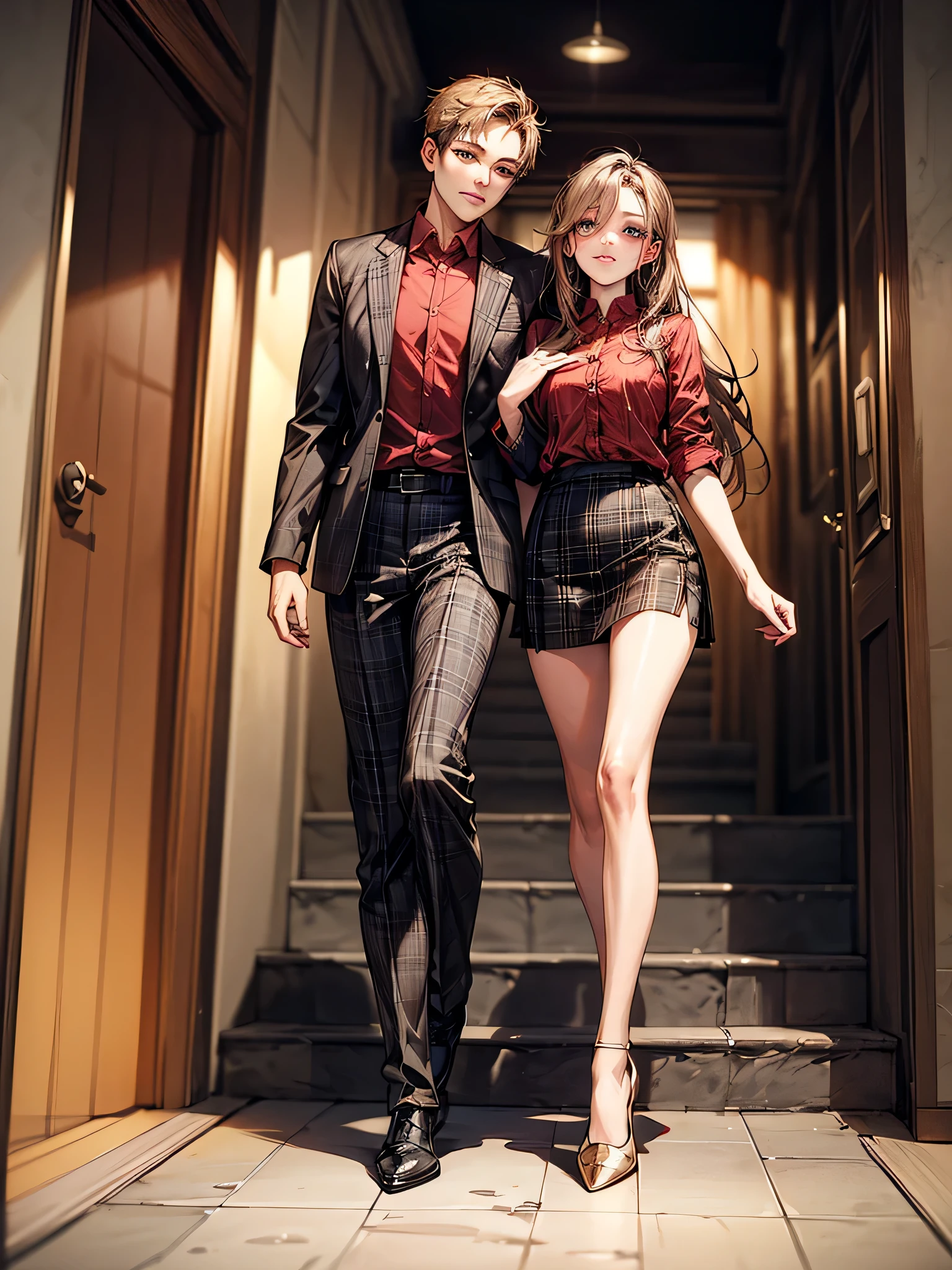 (Biologically correct limb count),Full body, including face,4K,Focus on the masterpiece face,Well-proportioned facial features,Delicate descriptive eyes,(One beautiful woman),(Red Shirt,Black jacket,black plaid skirt),(Grin),looking at the camera,Ashio Copper Mine,walking,Walking down the stairs,((High heels))