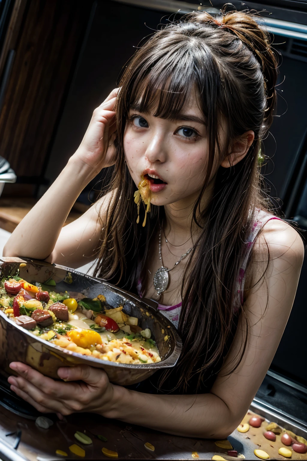 realistic, photo-realistic, masterpiece, best quality, intricate details, extremely detailed, cinematic lighting, solo, a Japanese woman, (vomit from mouth into a cooking plate:1.8), bare shoulders, dark hair, bangs, ponytail, hair ornament, hair scrunchie, cute face, detailed face, beautiful detailed eyes, sophisticated nose, pale skin, fine-textured skin, sweaty, shiny skin, earrings, necklace, jewelry, photo background, indoors, home,