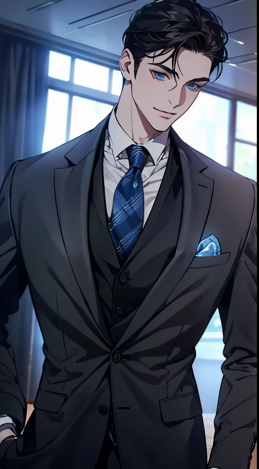 a mature man with short grey Black hair, blue eyes, 31 years, and a perfect face, smiling in love, CEO, cinematic lighting, 1:4 HDR image, top view, ultra detailed, best quality, masterpiece, 8K, photorealistic, beautiful image