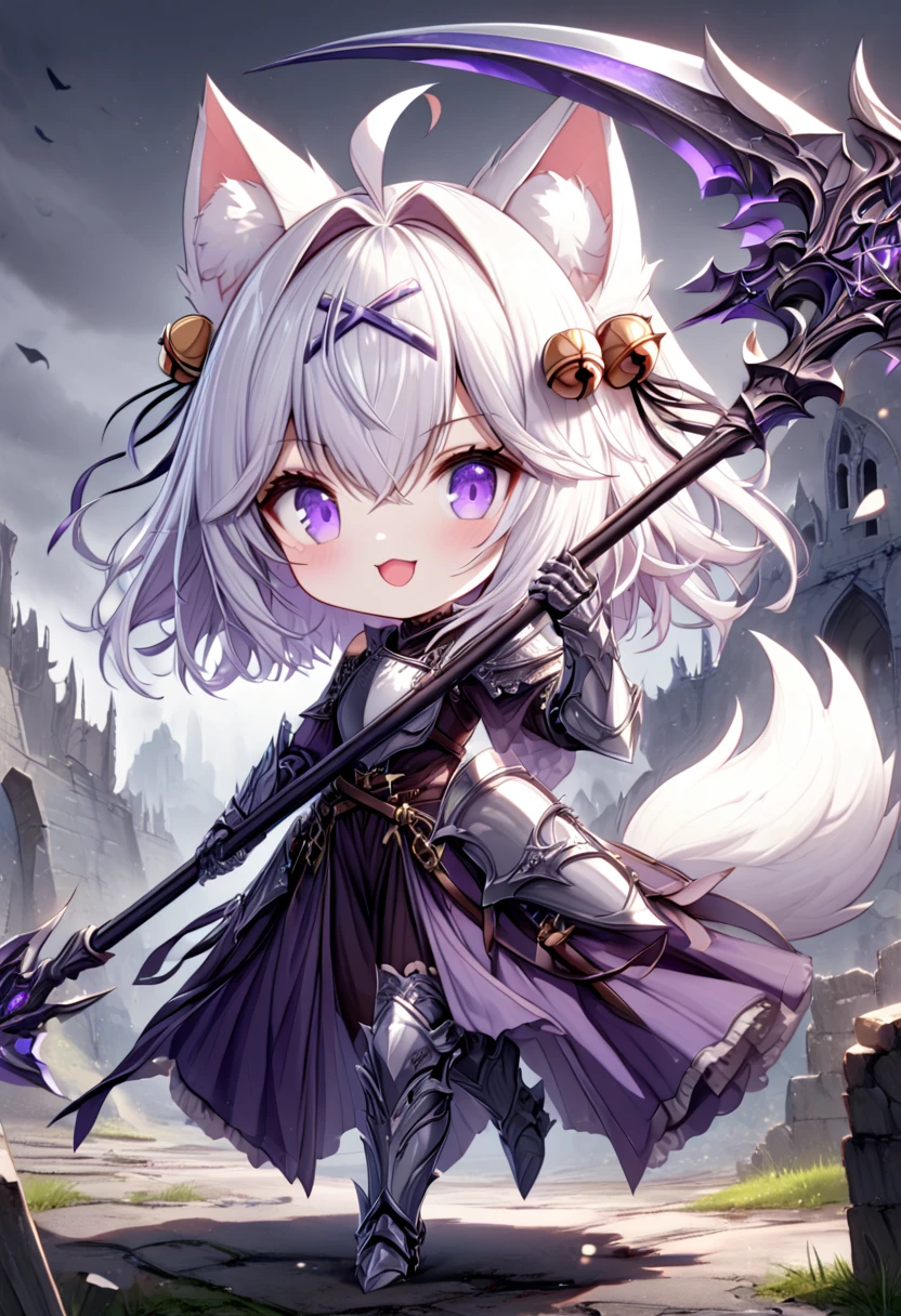 master piece, best quality, ultra-detailed, illustration, 1girl, solo, chibi, (big head), cute pose, front view, looking at viewer, ((full body Close up)), filian, filianoverall, Filiansailor, ((white hair)) , short hair, shoulder length hair, fly-away hair, bangs, hairclip, purple hair ornament, cat ears, (hair bell:1.3) ahoge, purple eyes, open mouth, smiling, (white fox tail), (knight outfit), knight's armor, metal breastplate, armored gloves, wielding scythe , GLOWING WEAPON , metal greaves, armored boots, battlefield, gloomy atmosphere, broken castle, broken walls, ruins
