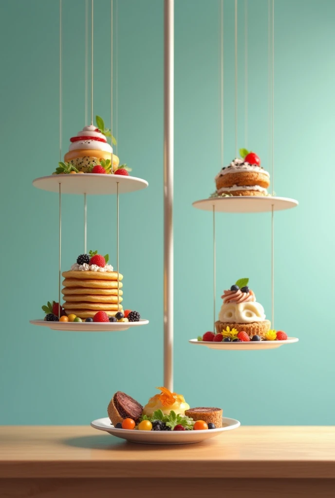 3 plates with food hanging by threads attached to a vertical tube. on a table