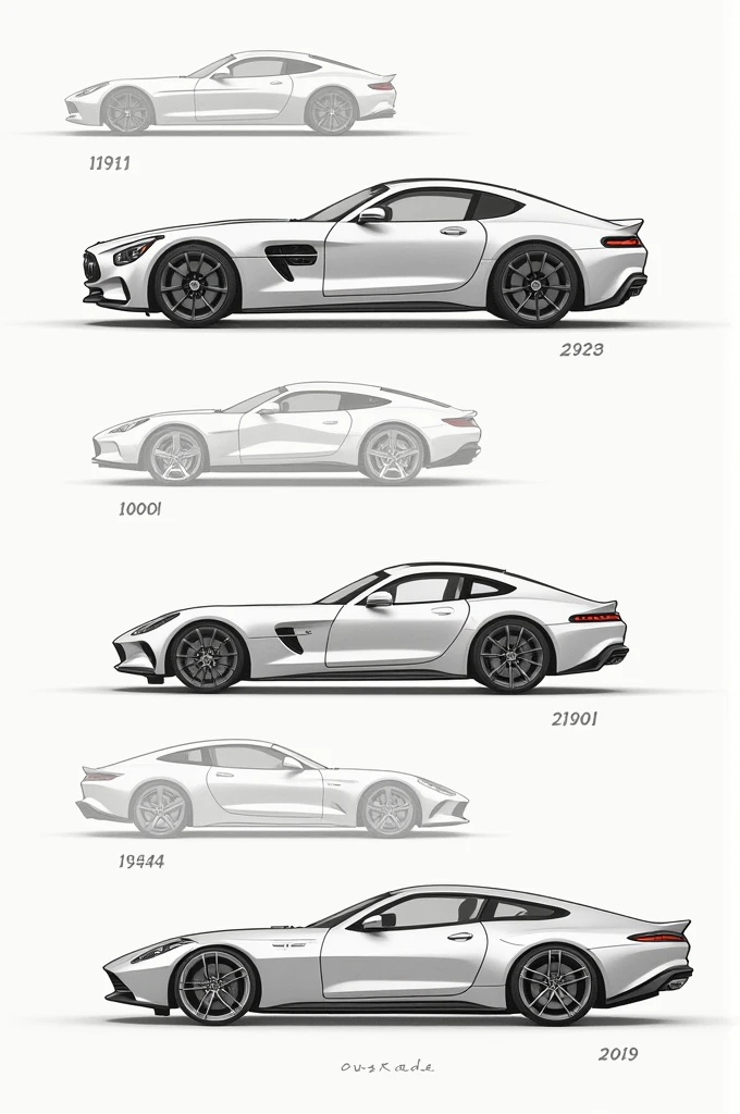 Somewhat realistic drawings of the evolution of automobiles with their year below