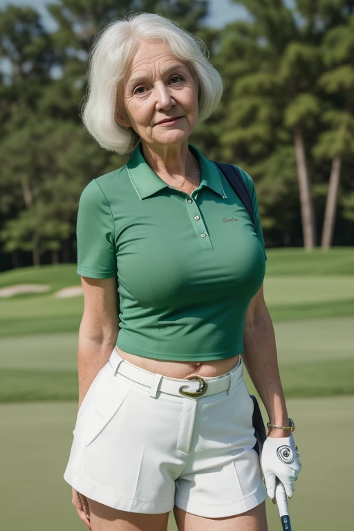 Cute Friendly Old Elderly Granny, Big Cleavage, Cute Flirtatious Inspired Golf Crop Top Outfit with details, Trendy Hair, Golf Clubs, Layered Bracelets, Standing Intricate Detailed Luxury Golf Lessons, Stunning High-Quality Ultra High-Definition 8K RAW Color Photo by FujiFilm X-T5, Film Grain Effect, Detailed Composition, UHD, Best quality, (masterpiece:1.2)