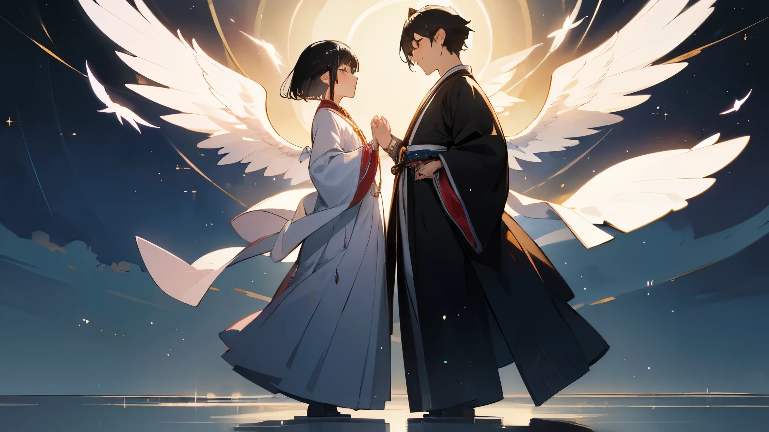 Highest resolution, masterpiece, extremely detailed, two elderly men and women in hanbok standing side by side, shining and dazzling, standing in the center of the palace, (male: black hair, short hair), (female: black hair close up) Style) Beautiful scenery, several angel wings dancing, composition from a distance, angle where the whole body can be seen