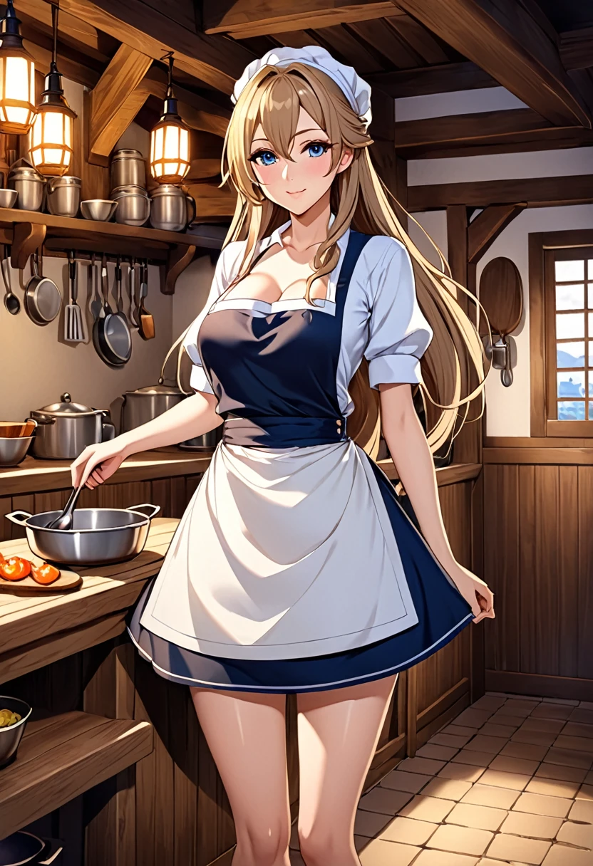 anime style, masterpiece, Best quality, Girl 24 years old, high коровьи уши и хвост, Normal breast, high, long hair, in the simple clothes of a tavern cook, stands in the kitchen of the tavern, fantasy