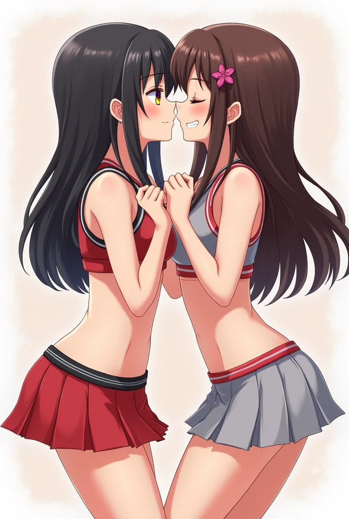 Hands Behind Back,Tied with hands behind back,lick,open mouth,tongue out,cum on tongue,front face,from front,front view,looking at viewer, looking ahead,from above,cowboy shot,2girl,twins,Beautiful 11 year old girl,Japanese,Slender,,low length,Small breasts,Thin legs,Small Ass,Baby Face,Small face,Black Hair,one side up,Gray Eyes,Drooping eyes,Round eyes,middle School girls,shirt formal,black and pink bikini,Collar with leash,Kneeling,Straight Stand,Beautiful and detailed anime art,I'm in love,Desire expression,crave,Sexy vibe,Dimly lit room,On the bed,Simple Background,Gray background,Low lighting,